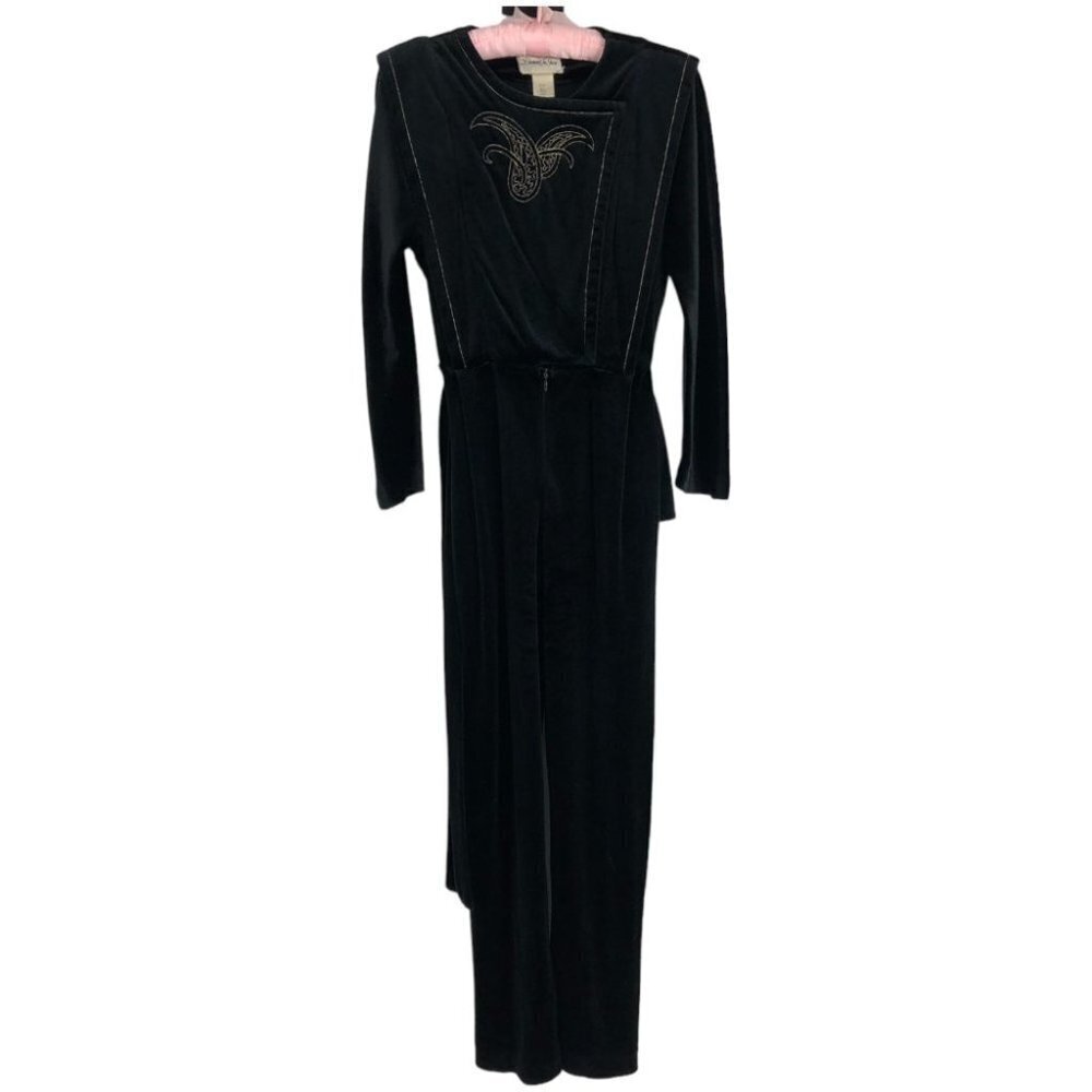 Diamond Tea Gown vintage black & gold velvet embroidered Jumpsuit Robe 80s SP